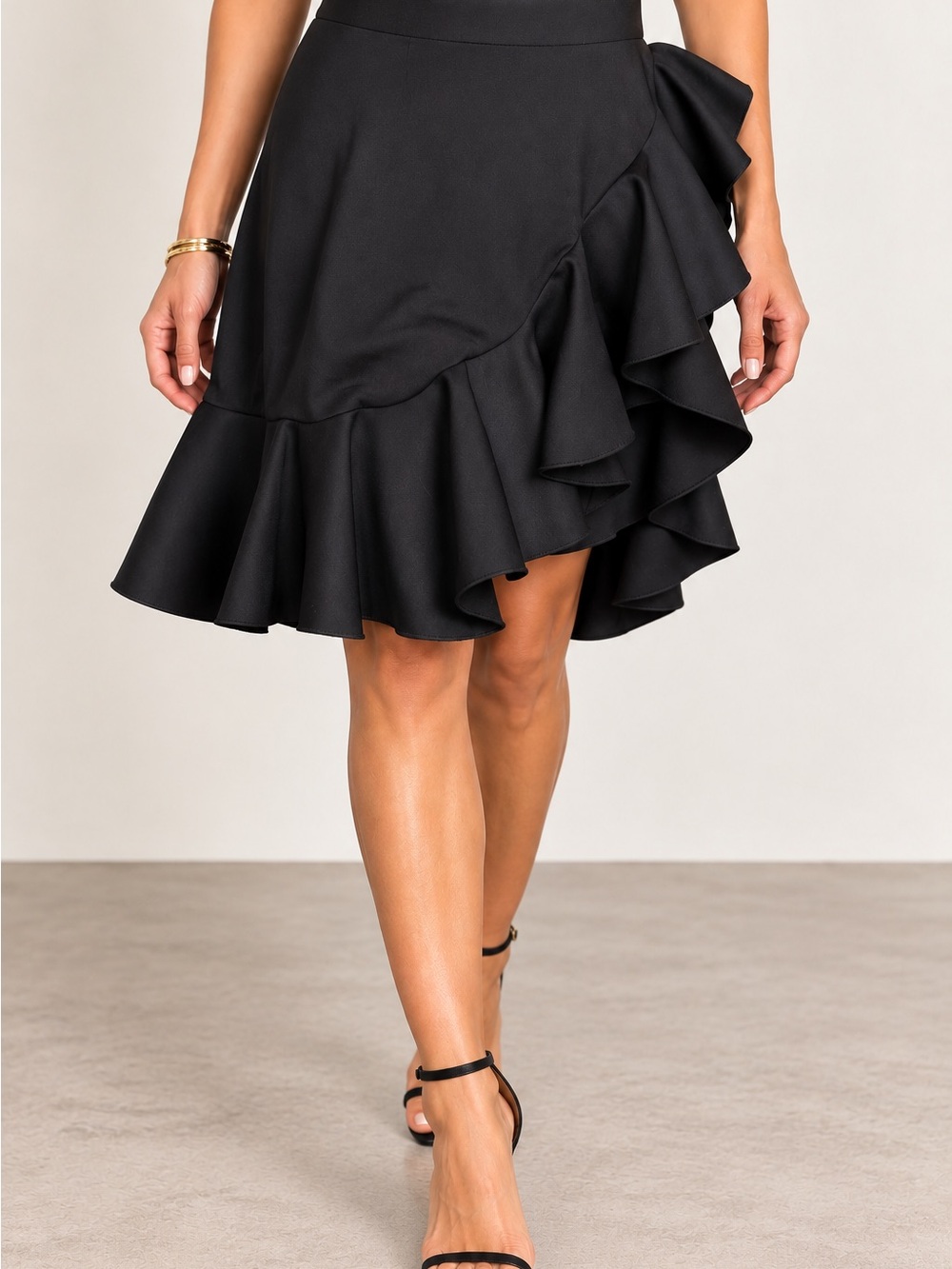 Ronny Kobo Black Ruffle Skirt Size L Asymmetrical Tiered Statement Skirt